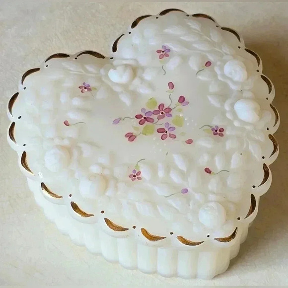 Fenton Other - Fenton White Satin Heart Trinket Box Florals Hand Painted by Nancy J. Gribble